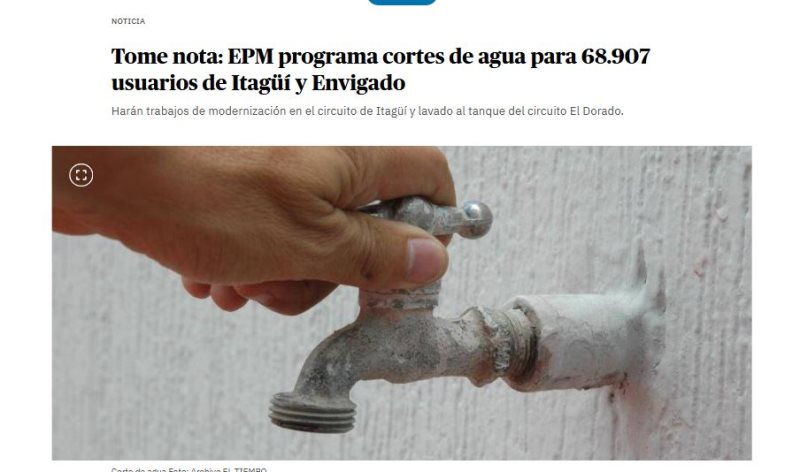 esta semana cortan el agua en varios barrios de Itagüí y Envigado
